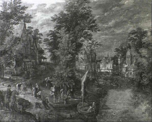 A Wooded River Landscape With A Village And The Flight Into Egypt Oil Painting by Jan Brughel