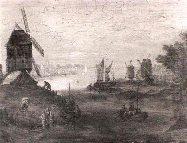A River Landscape With Figures In Boats And A Windmill Oil Painting by Jan Brughel