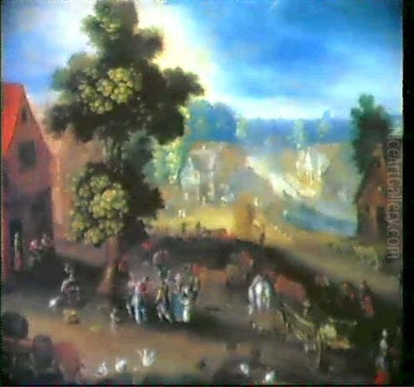 Dorstrasse Mit Pferdefuhrwerken Und Reicher Personen-       Staffage Oil Painting by Jan Brughel