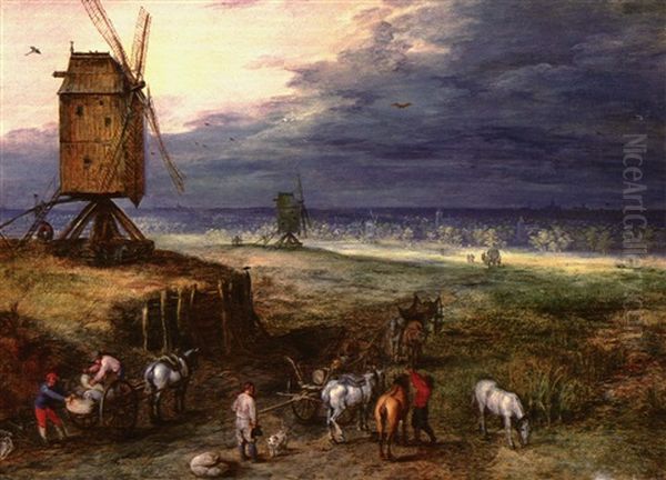 Extensive Landscape With Men Unloading Carts Beside A       Windmill On A Knoll, Other Windmills And A Distant City Oil Painting by Jan Brughel