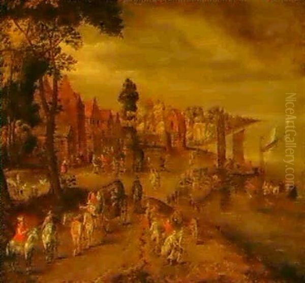 A Landscape With Travellers On The Outskirts Of A           Riverside Village Oil Painting by Jan Brughel