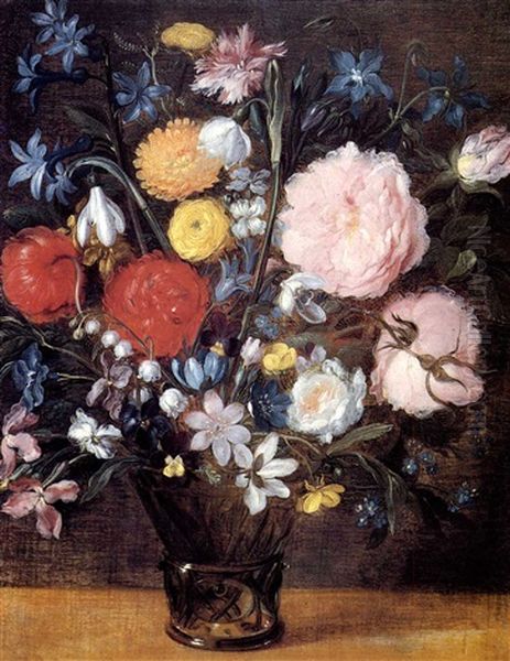 Flowers In A Glass On A Ledge Oil Painting by Jan Brughel
