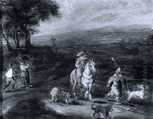 A Cavlier With A Peasant And Four Dogs In A Landscape Oil Painting by Jan Brughel