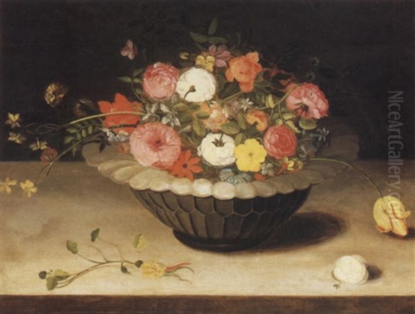 A Still Life Of Flowers In An Ornamental Bowl On A Ledge Oil Painting by Jan Brughel