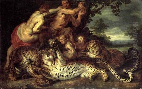 Nymph And Satyr In A Landscapewith Three Leopards Oil Painting by Jan Brughel