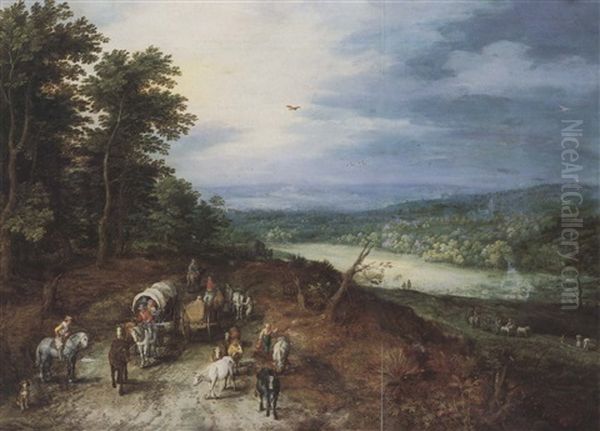 An Extensive Wooded Lanscape With Covered Wagons, A Cart,   Cattle And Other Traffic Alonga Country Road, Oil Painting by Jan Brughel