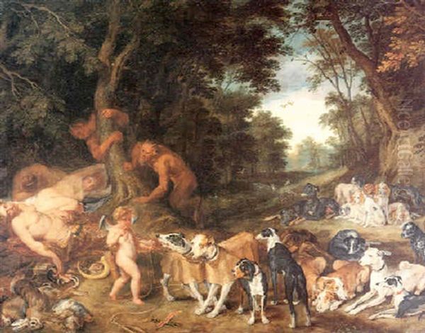 Sleeping Nymphs Watched By Satyrs With Hunting Dogs In A    Wooded Landscape Oil Painting by Jan Brughel