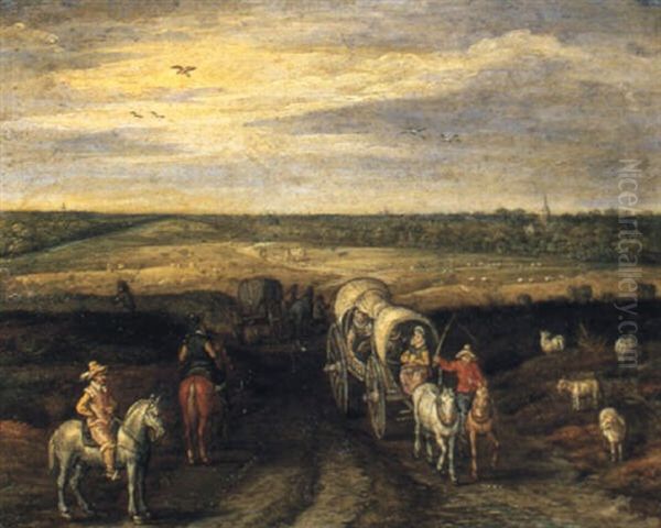 An Extensive Landscape With Waggons On An Open Road Oil Painting by Jan Brughel