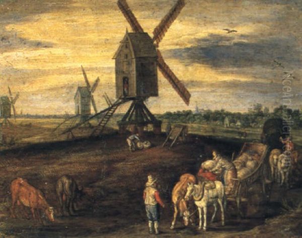An Extensive Landscape With Boors Loading Corn By A Windmill Oil Painting by Jan Brughel