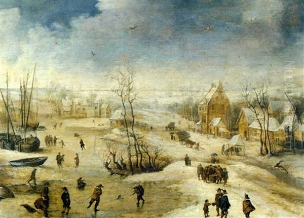 Extensive Winter Landscape With Skaters And Other Figures Oil Painting by Jan Brughel