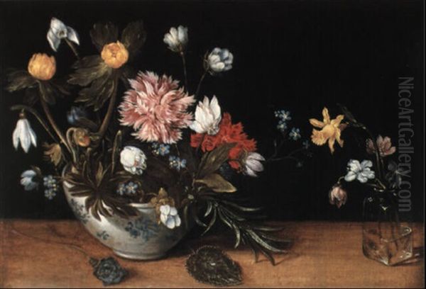 A Still Life Of Flowers In A Bowl And In A Glass Vase Oil Painting by Jan Brughel
