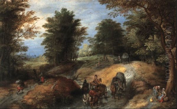 Travellers On A Road By The Outskirts Of A Wood Oil Painting by Jan Brughel
