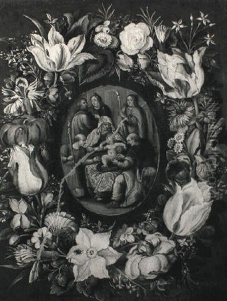 The Circumcision Of Christ In An Oval Encircled By A Garland Of Flowers Oil Painting by Jan Brughel