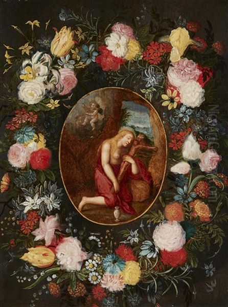 The Penitent Mary Magdalene Within A Floral Garland Oil Painting by Jan Brueghel the Younger