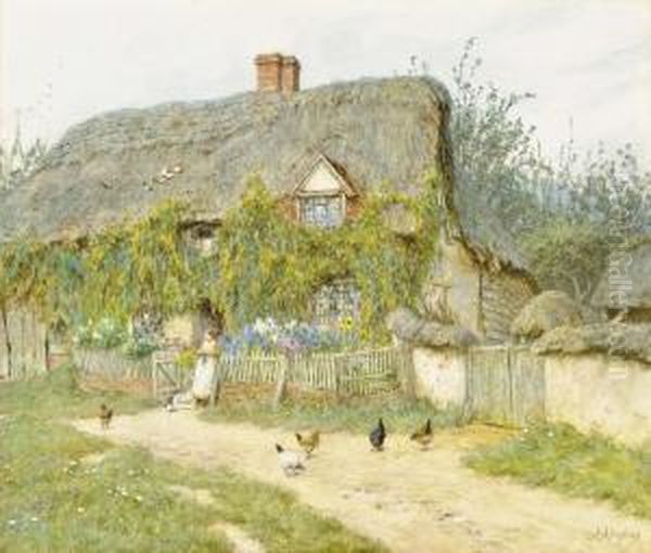 Feeding The Chickens, East Hagbourne Oil Painting by Helen Mary Elizabeth Allingham