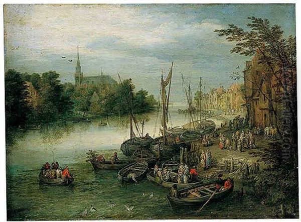 A View Of A River Quayside, A Church In The Distance Oil Painting by Pieter Brueghel the Younger