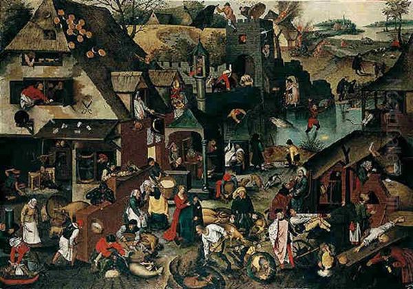 Flemish Proverbs (de Blauwe Huyck) Oil Painting by Pieter Brueghel the Younger