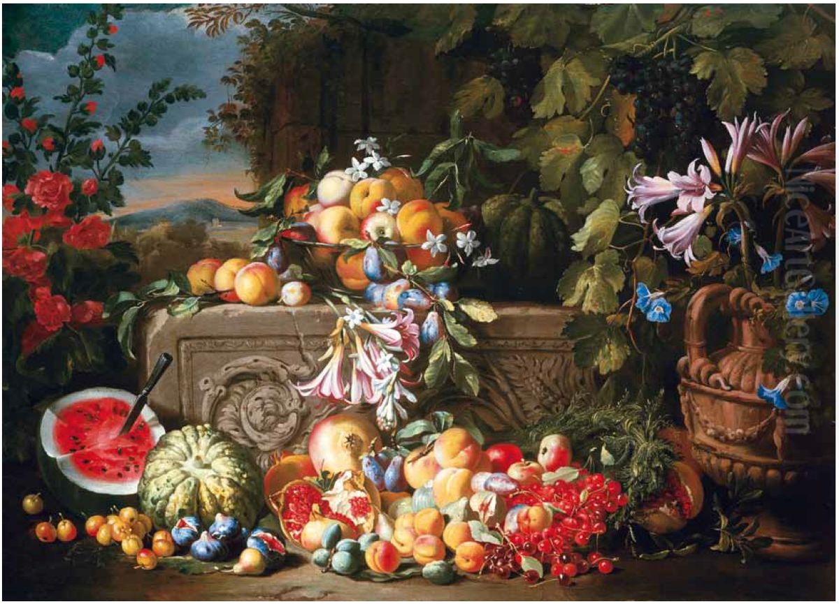 A Still Life Of A Watermelon, Cherries, Peaches, Apricots, Plums, Pomegranates And Figs, With Lilies, Roses, Morning Glory And Other Flowers On An Acanthus Stone Relief Oil Painting by Abraham Brueghel