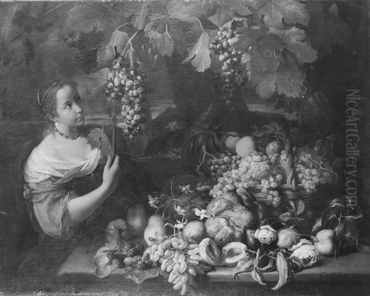 Girl With Grapes And Still Life With Fruit Oil Painting by Abraham Brueghel