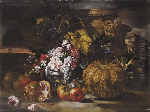 Rose E Garofani In Un Vaso D'argento Con Uva E Melograne Su Sfondo Di Paesaggio Oil Painting by Abraham Brueghel