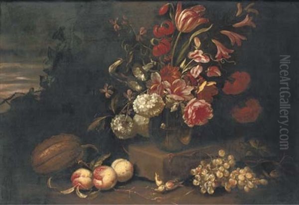 Roses, Tulips, Irises, Hydrangeas And Other Flowers In A Vase On A Low Plinth Flanked By Grapes And Peaches And Other Fruits With The Sky Beyond Oil Painting by Abraham Brueghel
