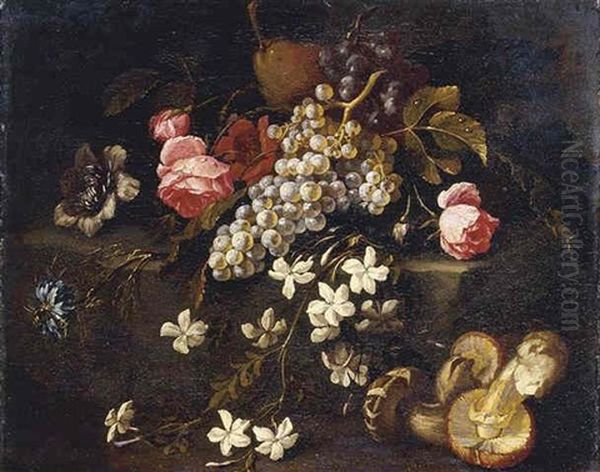 Still Life Of Fruit And Flowers Resting On A Stone Ledge With Mushrooms In The Foreground Oil Painting by Abraham Brueghel