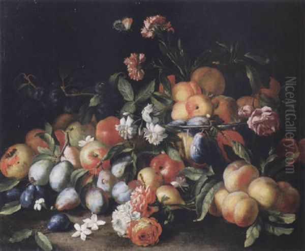 Natura Morta Di Mele, Prugne, Pere, Pesche, Alzata Di Pesche E Fiori Oil Painting by Abraham Brueghel