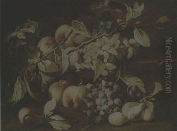 Still Life Of Red And White Grapes, Peaches And Plums On A Stone Ledge Oil Painting by Abraham Brueghel