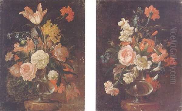 Still Life Of Roses, Carnations, Tulips And Other Flowers In A Glass Vase, Upon A Stone Ledge Oil Painting by Abraham Brueghel