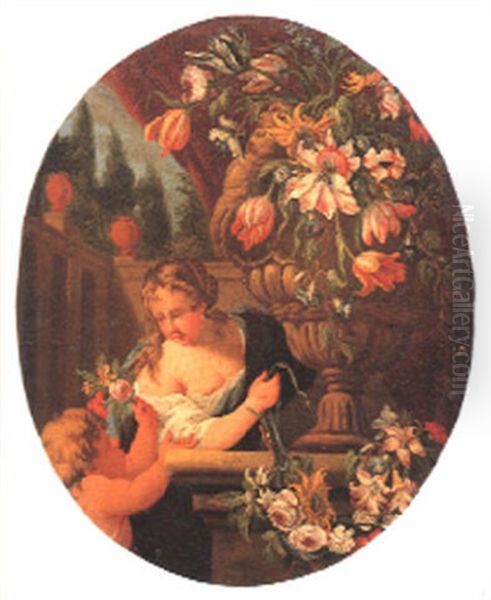 Child Handing A Small Bouquet Of Flowers To A Woman Tying A Garland Of Flowers To A Stone Plinth Oil Painting by Abraham Brueghel
