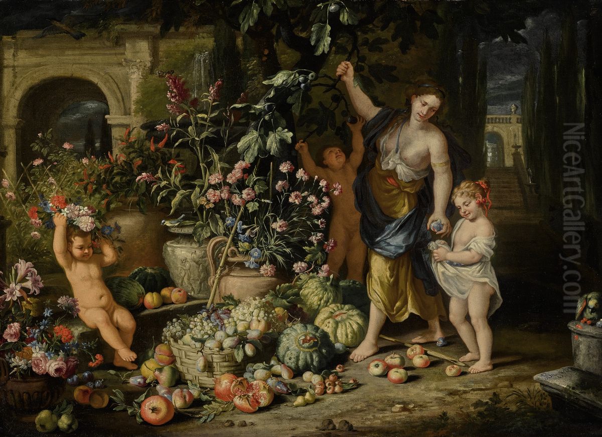 A Young Woman Picking Figs With Three Children In A Terraced Garden Oil Painting by Abraham Brueghel