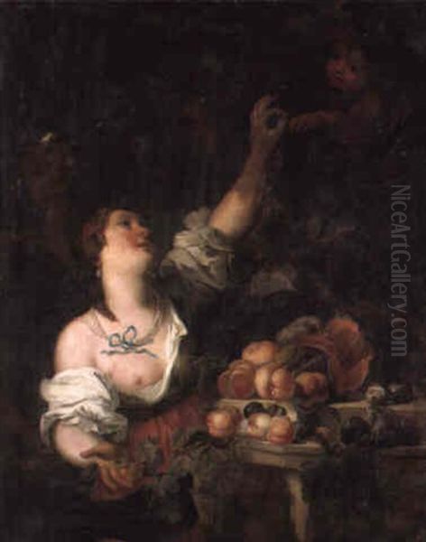 A Woman Picking Grapes And A Putto By A Classical Pedestal With Fruit Oil Painting by Abraham Brueghel