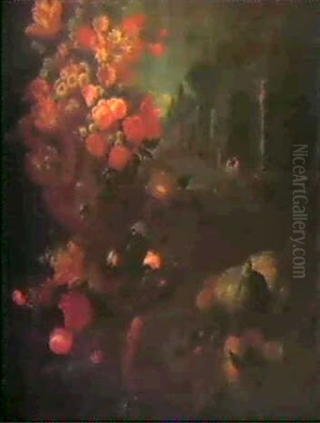 Ein Grosses, Dekoratives Stilleben Mit Blumen In Einer      Prunkvase, Mit Kurbissen, Pfirsichen Und Einem Papagei... Oil Painting by Abraham Brueghel