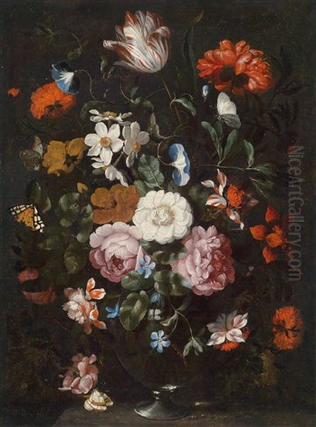Blumenstillleben, Mit Winden, Tulpen, Rosen Und Anderen Blumen In Einer Glasvase; Blumenstillleben Mit Iris, Rosen, Narzissen Und Anderen Blumen In Einer Glasvase (pair) Oil Painting by Jan Peeter Brueghel