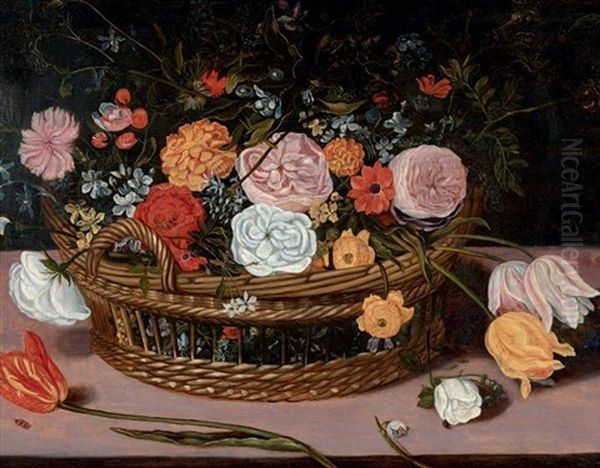 Panier De Fleurs Sur Un Entablement Oil Painting by Jan Peeter Brueghel