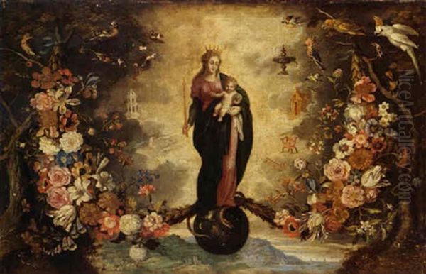 The Madonna And Christ (the Madonna Of Halle ?) With Her Attributes, In A Flower Garland With Various Birds Oil Painting by Jan Peeter Brueghel