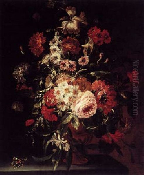 Still Life Of Roses, Carnations, Anemones And Other Flowers In A Terracotta Vase With A Butterfly On A Stone Ledge Oil Painting by Jan Peeter Brueghel