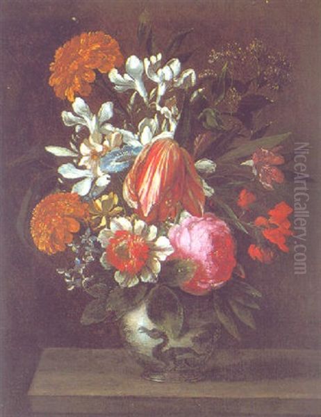 Blumenstraus In Einer Figural Verzierten Tonvase Oil Painting by Jan Peeter Brueghel
