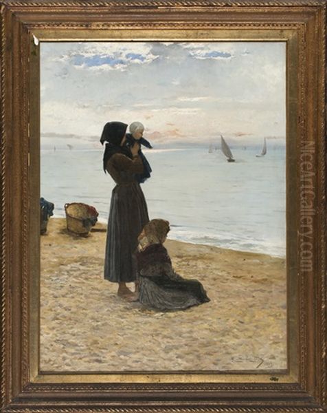 Unas Jovenes A La Orilla Del Mar Oil Painting by Ricardo Brugada y Panizo