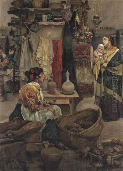 Women Cooking In A Kitchen Interior Oil Painting by Ricardo Brugada y Panizo
