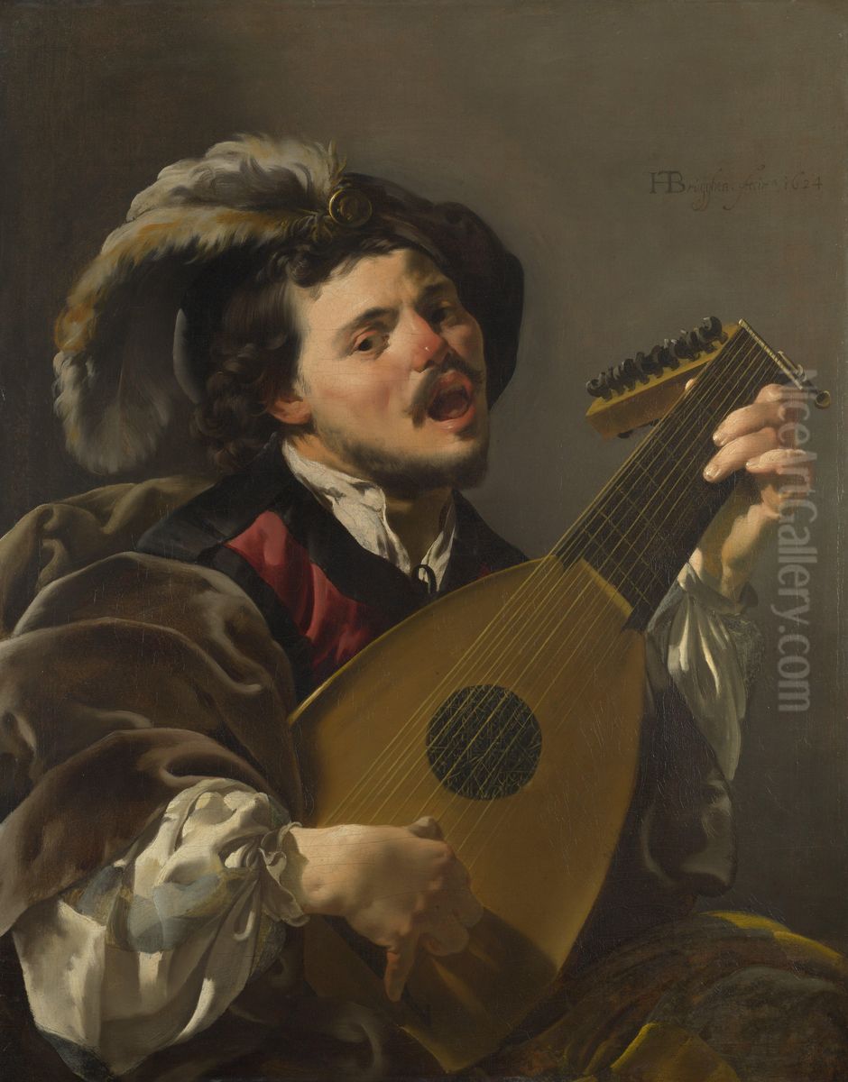 A Man Playing A Lute Oil Painting by Hendrick Ter Brugghen