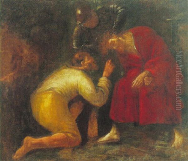 En Romersk Soldat Tager Tornekransen Af Jesus, I Forgrunden Judas Knaelende Oil Painting by Hendrick Ter Brugghen