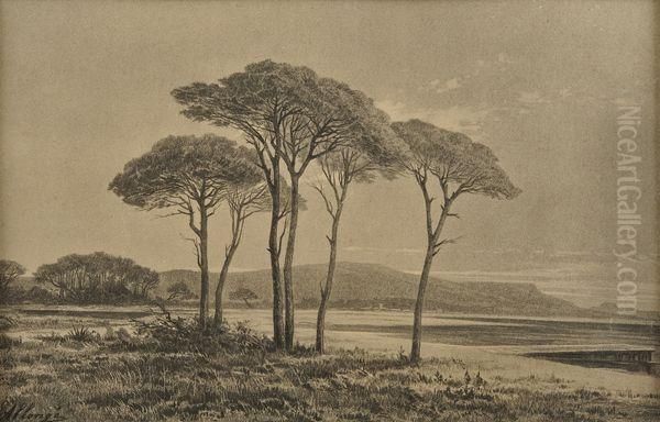 Rue De Village Au Calvaire Et Paysage De Bord De Lac Oil Painting by Auguste Allonge