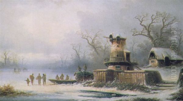Figures On A Frozen River In A Winter Landscape Oil Painting by Coelestin Bruegner