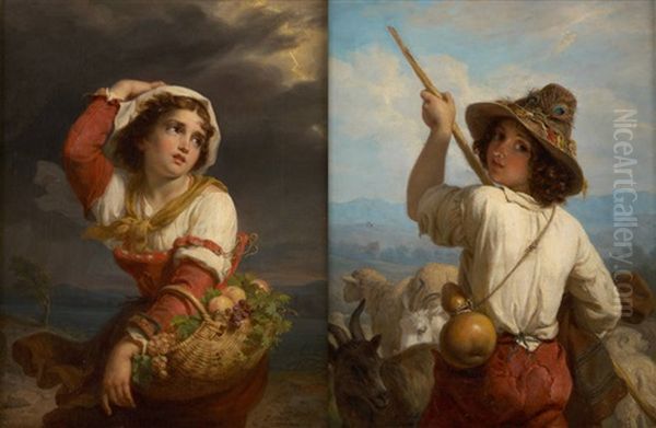 Berger Sur Fond De Paysage Et Cueilleuse De Raisins Avant L