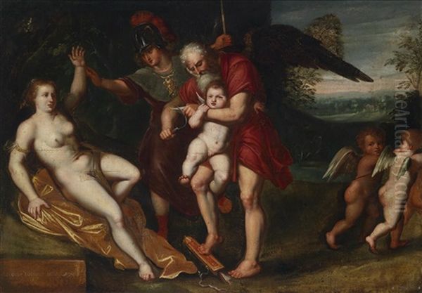 Chronos, Der Gott Der Zeit, Beschneidet In Gegenwart Von Venus Und Mars Die Flugel Amors Oil Painting by Charles Le Brun