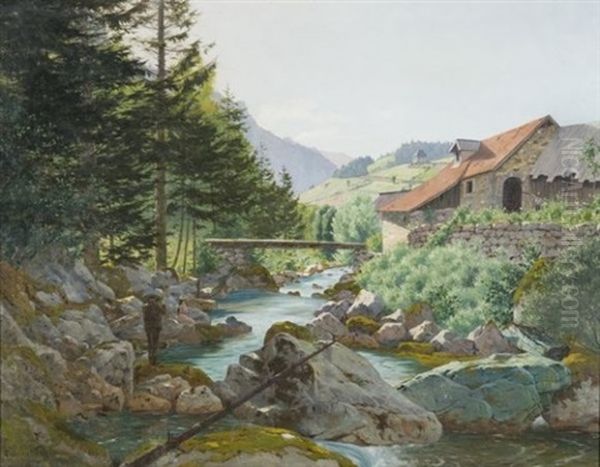 Pecheurs Sur Un Torrent De Chartreuse Oil Painting by Edouard Brun