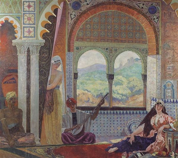 L'odalisque, Le Musicien Et La Servante Dans Un Palais Oriental Oil Painting by Emile-Jean-Marie Brunet