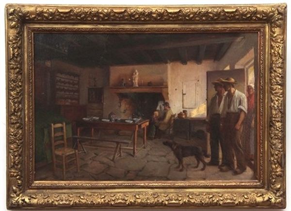 Kitchen Interior With Figures And Dog Oil Painting by Jean-Jacque-Baptiste Brunet