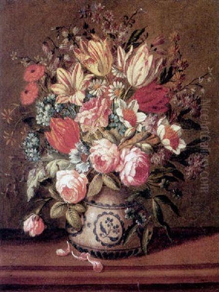 A Still Life Of Tulips, Narcissi And Other Flowers In A Pottery Vase On A Wooden Table Oil Painting by Leopold Brunner the Elder